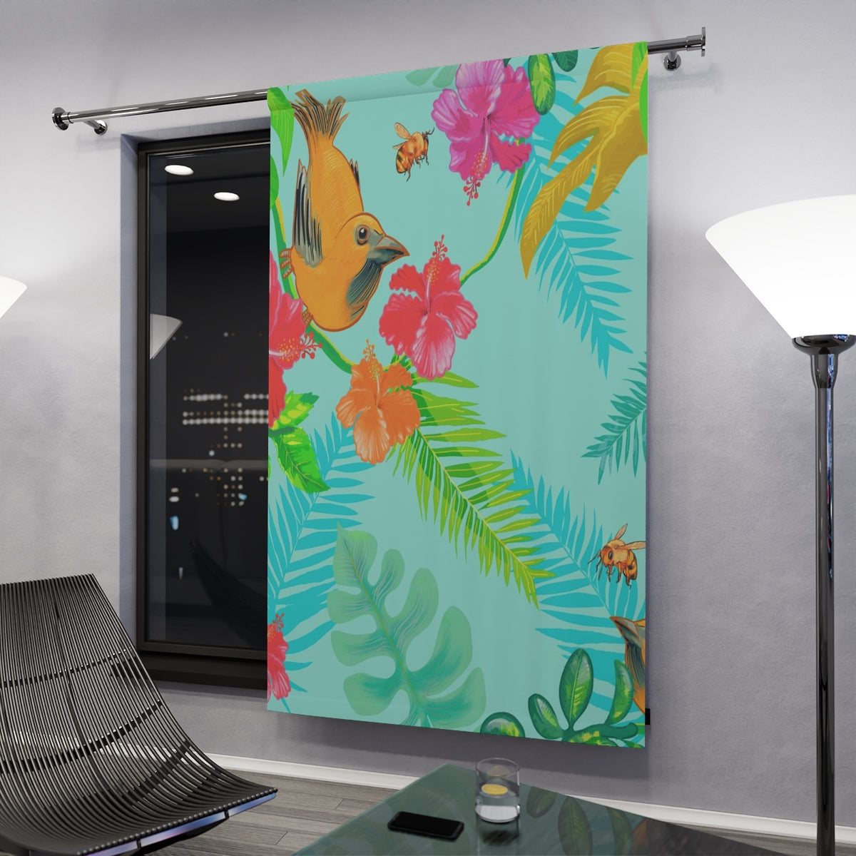 TROPICAL BIRDS & TEAL- BLACKOUT Window Curtain