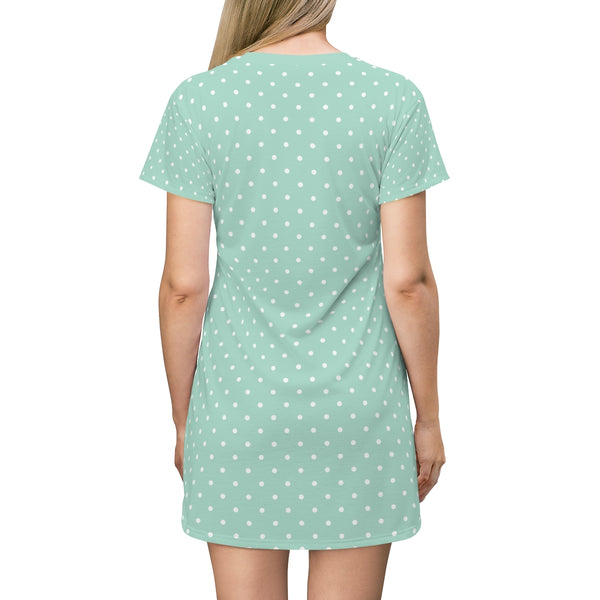 WHITE POLKA DOT - PALE TEAL - T-Shirt Dress BACK