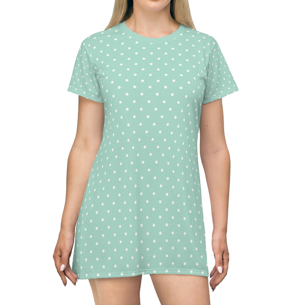 WHITE POLKA DOT - PALE TEAL - T-Shirt Dress FRONT