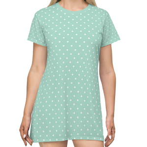 WHITE POLKA DOT - PALE TEAL - T-Shirt Dress FRONT