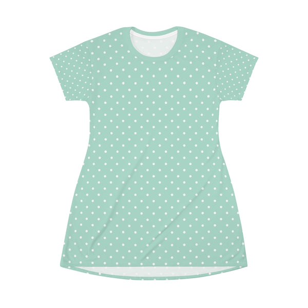 WHITE POLKA DOT - PALE TEAL - T-Shirt Dress FRONT