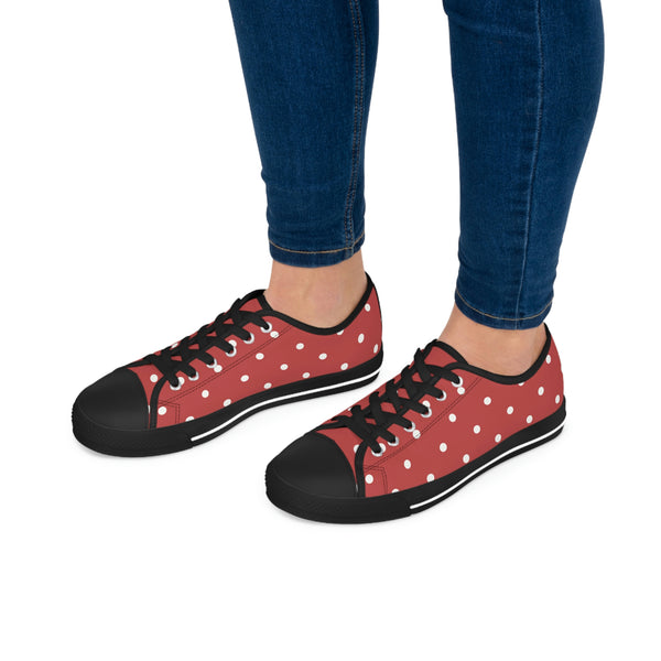 WHITE & BRICK RED POLKA DOT - Women's Low Top Sneakers Black Sole