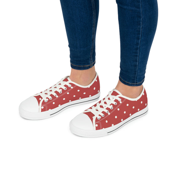 WHITE & BRICK RED POLKA DOT - Women's Low Top Sneakers White Sole