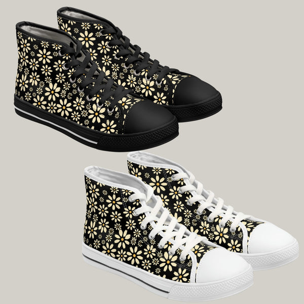 YELLOW DAISIES - Women's High Top Sneakers Black and White Sole